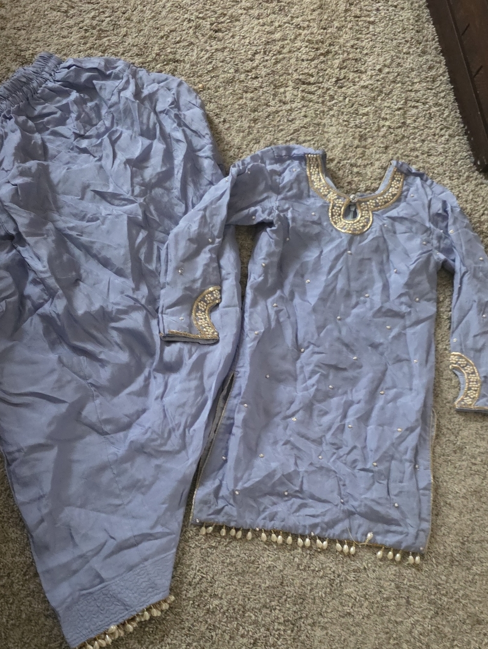 Lilac/blue Embellished Girls' Salwar Suit with Gold Trim